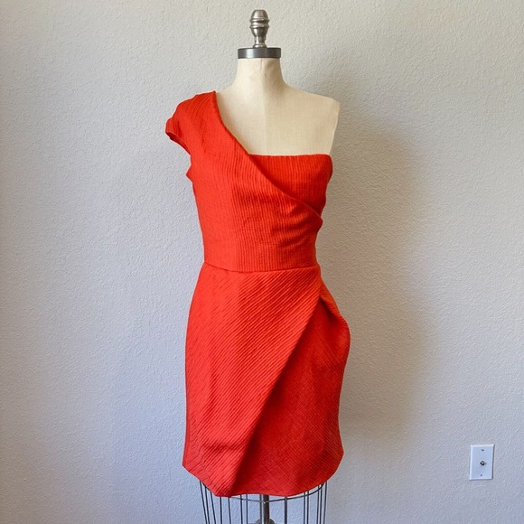 LELA ROSE Asymmetric One Shoulder Sheath Mini Dress in Orange/Red - Picture 1 of 13